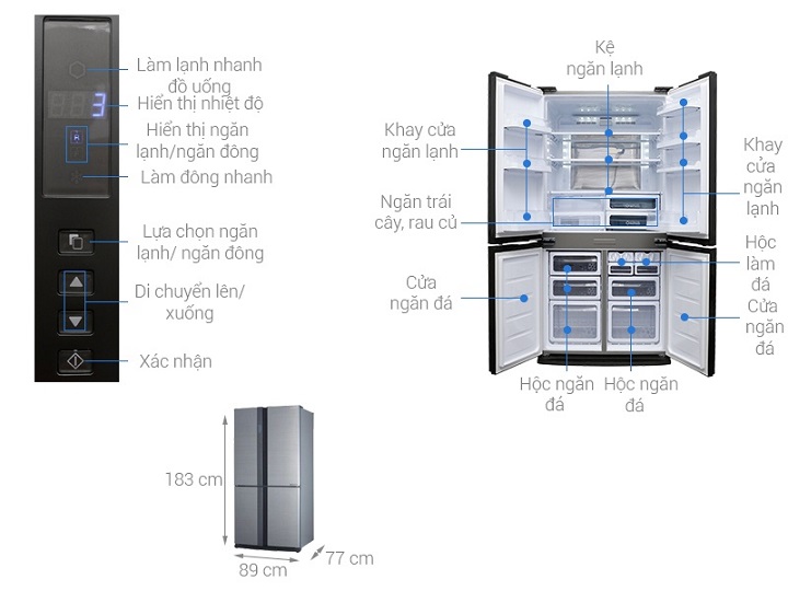 Thiết kế side by side sang trọng 4 cánh của tủ lạnh Sharp Inverter 678 lít SJ-FX680V-ST
